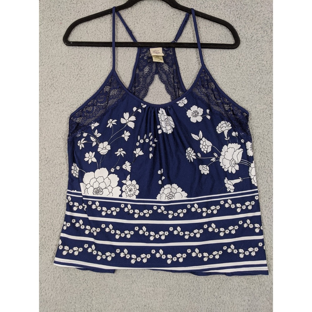 In Bloom by Jonquil Tank Top Womens M Navy Blue Floral Racerback Lace Trim Beach